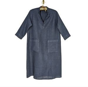 FOG LINEN WORK Tunic Dress Casual Dark Blue Linen Work Dress with Pockets Small